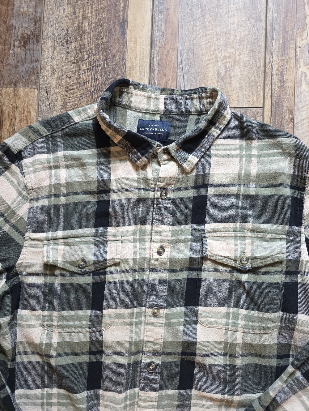 Lucky Brand - Plaid Flannel Utility Shirt - L - Olive Green Black Cream Plaid